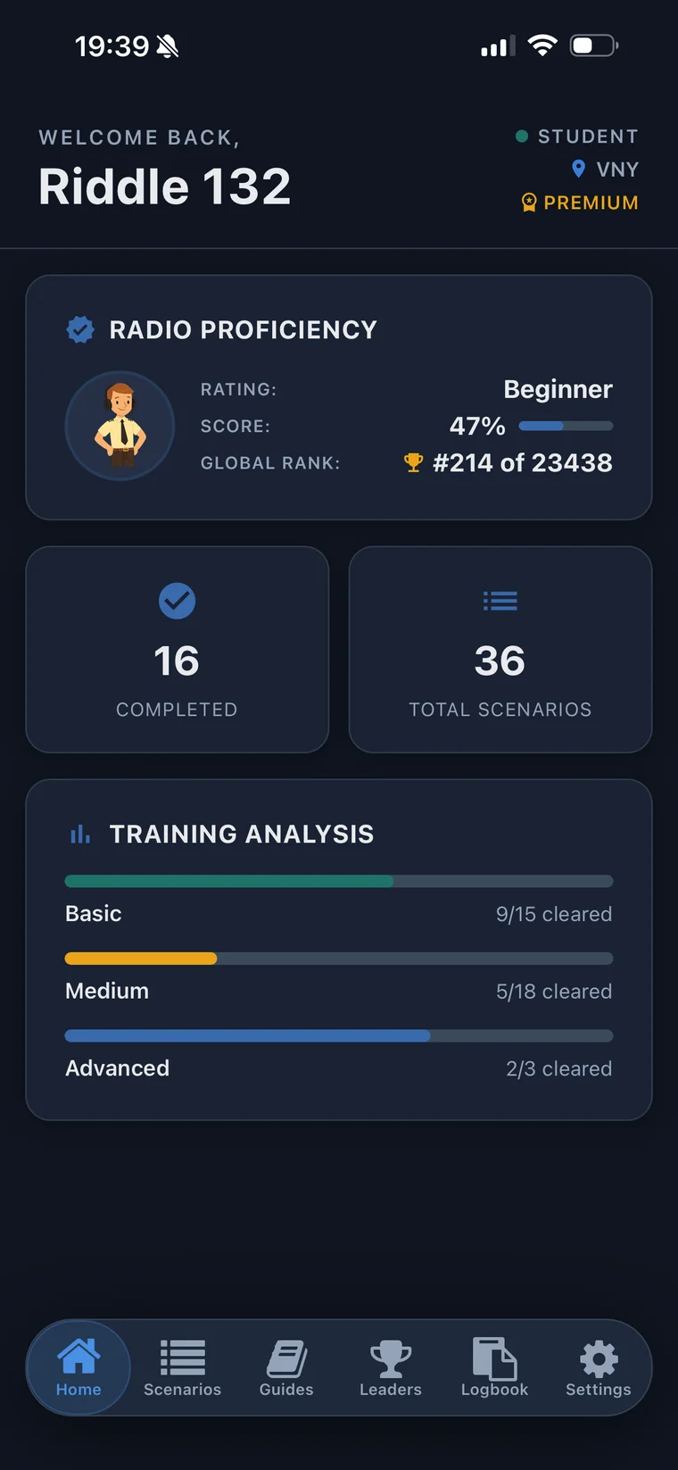 Comms app dashboard showing radio proficiency score, completed scenarios, and training analysis