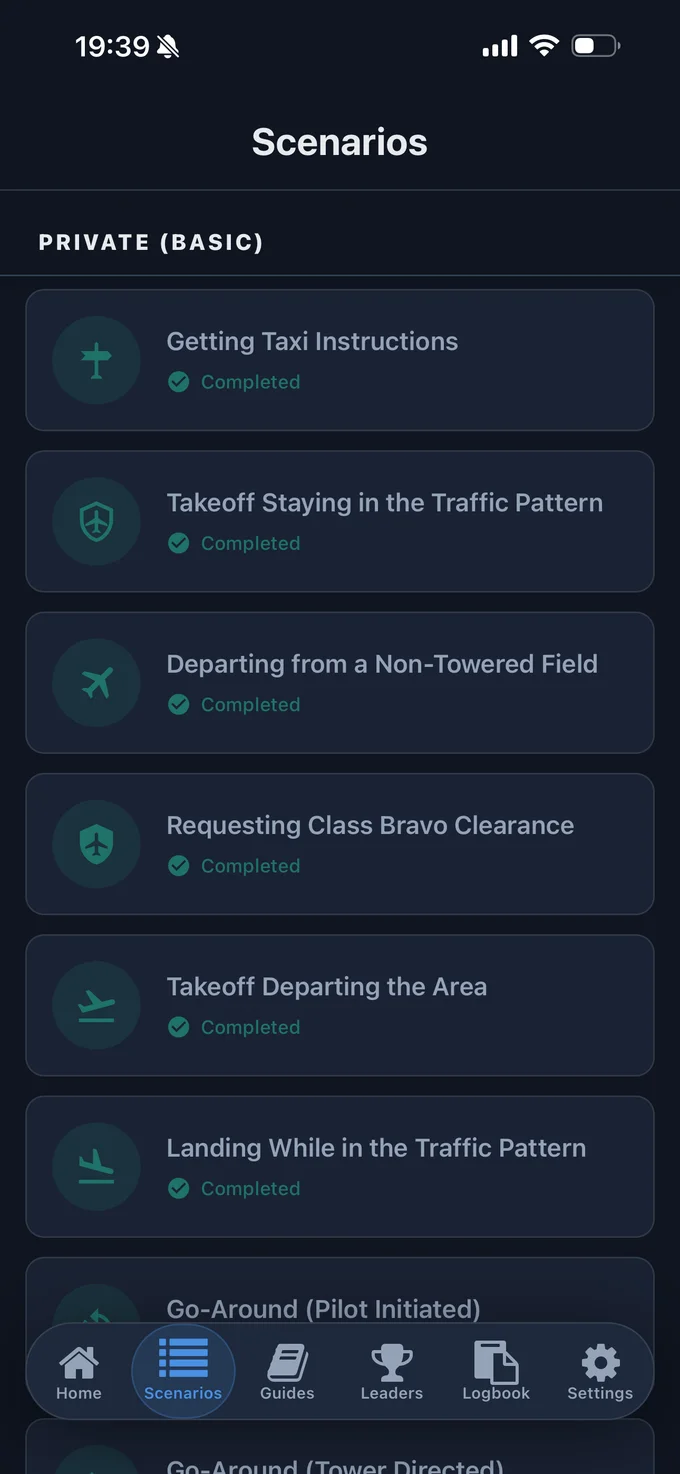 Comms app scenario list showing taxi, takeoff, departure, flight following, and advanced ATC scenarios