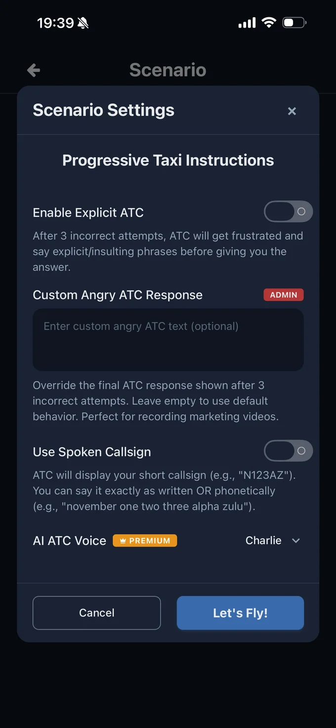Comms app scenario settings screen showing ATC voice selection, explicit mode toggle, and spoken callsign options