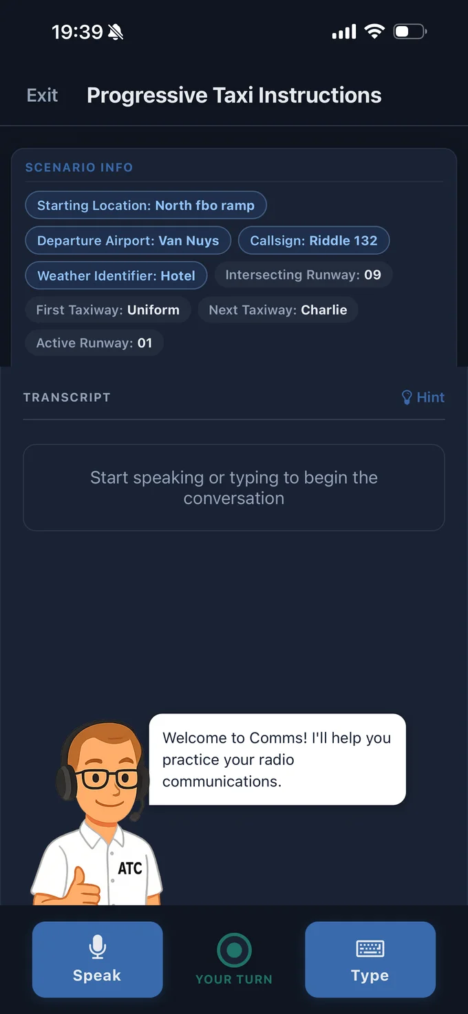 Comms app simulation screen showing a pilot-ATC conversation with scenario info, transcript, and the ATC controller character